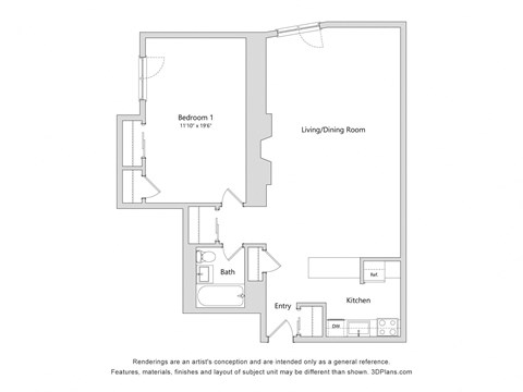 Floor plan for 1 bed, 1 bath, 628 sqft